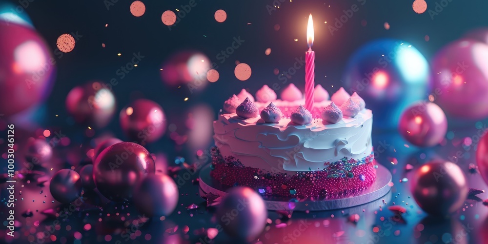 Celebratory cake adorned with a glowing candle and cheerful embellishments Celebratory cake adorned with a glowing candle and cheerful embellishments