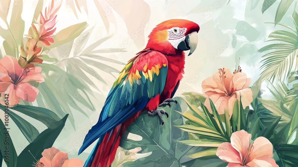 Fototapeta premium Vibrant red and blue parrot perched among tropical flowers in a lush jungle setting