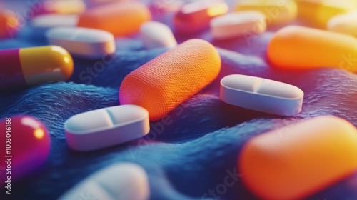 Colorful capsules and tablets scattered across soft fabric with warm sunlight...