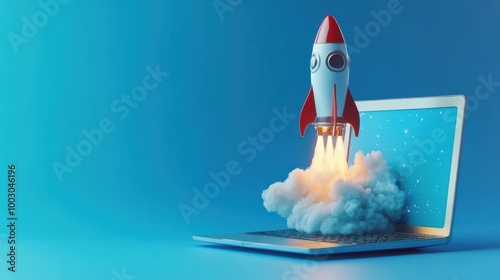 Rocket coming out of laptop screen, blue background. AI digital illustration photo