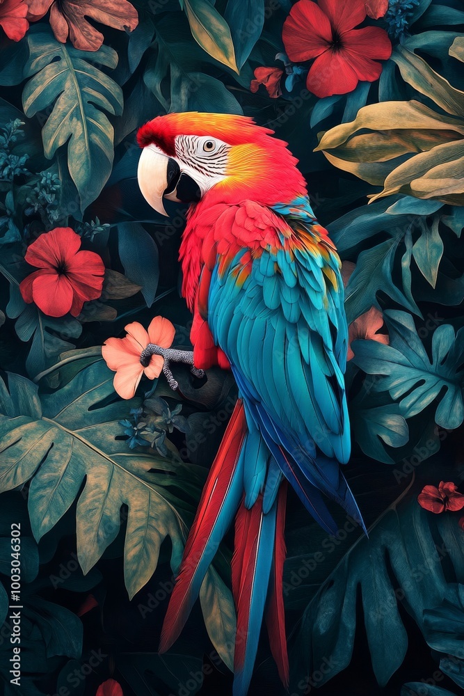 Obraz premium Vibrant macaw perched on blooming flowers in a lush tropical setting under soft lighting