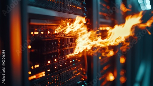 Fire erupting from a server rack in a large data center with glowing lights i...