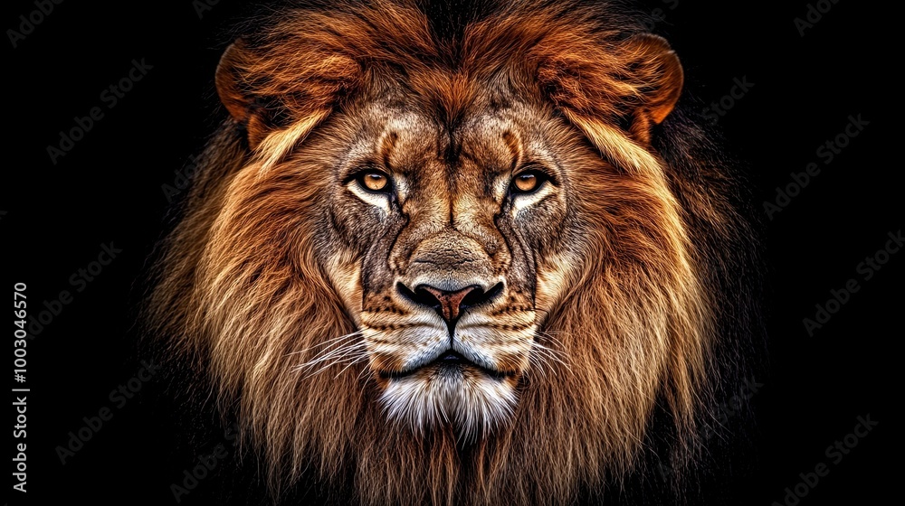 Fototapeta premium A close-up of the muzzle of an adult lion with a golden mane and yellow eyes. The predator stares straight into the camera. Natural background. Illustration for cover, card, interior design, etc.