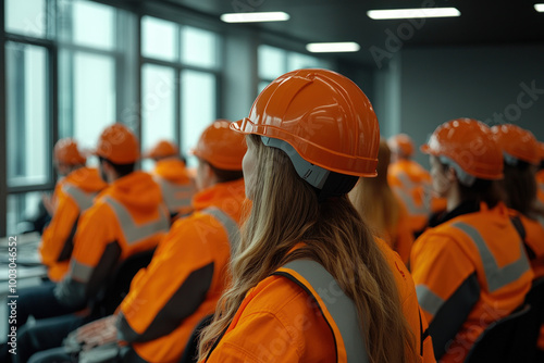 A workplace setting showing employees engaged in HSE training sessions, focusing on hazard identification, safety equipment usage, and environmental sustainability