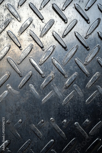 Close-up view of textured metal sheet with diamond pattern and reflective sur...