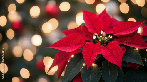 Festive poinsettia blooms near twinkling holiday lights during winter celebra...