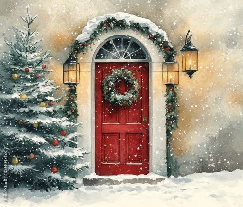 Cheerful red door decorated for Christmas with snow-covered tree and lanterns...