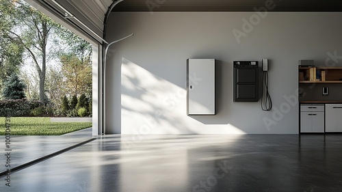 Illustration of home battery packs mounted on the wall of a sleek, modern garage, representing an alternative electric energy storage system focused on backup power
