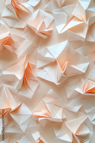 Colorful origami paper shapes creating a textured background in soft peach an...
