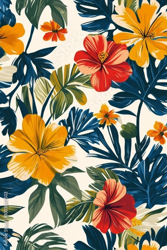 Bright tropical floral pattern with hibiscus and leaves on a light background