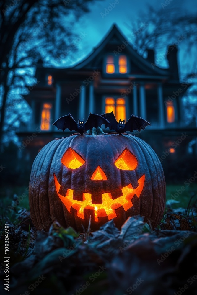 A glowing pumpkin lantern on a foggy Halloween night near an old haunted house A glowing pumpkin lantern on a foggy Halloween night near an old haunted house