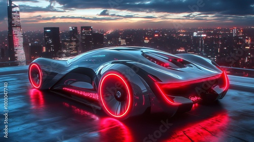 Futuristic sports car with red lights parked on a rooftop overlooking a cityscape.