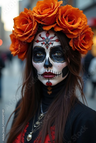 Portrait of woman with calavera skull makeup adorned with orange roses in vibrant city setting