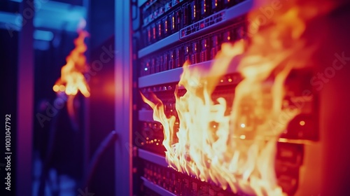 Fire erupting from a server rack in a large data center with glowing lights i...