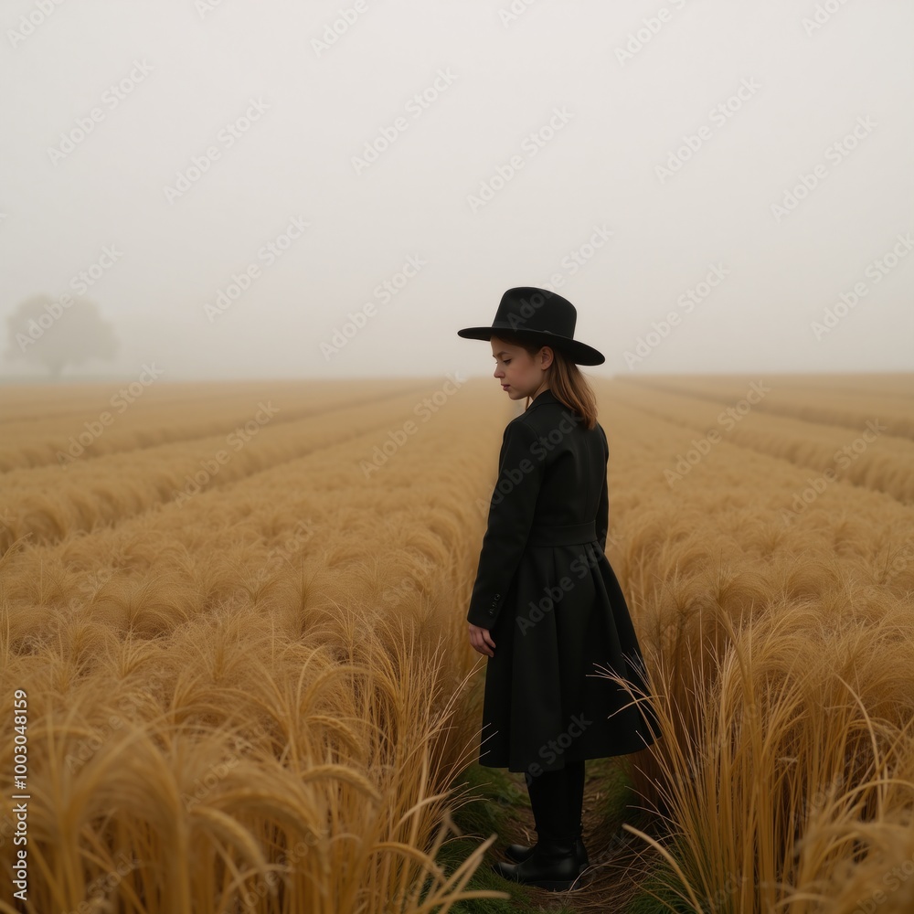 A mysterious girl in a black dress stands amidst a misty wheat field A mysterious girl in a black dress stands amidst a misty wheat field