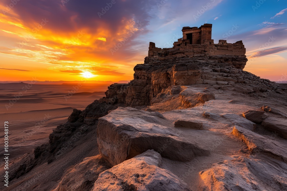 Fototapeta premium An awe-inspiring image of a mysterious ancient ruin perched atop a rocky hill, bathed in the captivating glow of the setting sun with colorful sky hues.