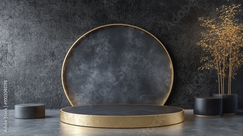 Elegant golden circular display stand on a textured dark background, ideal fo...