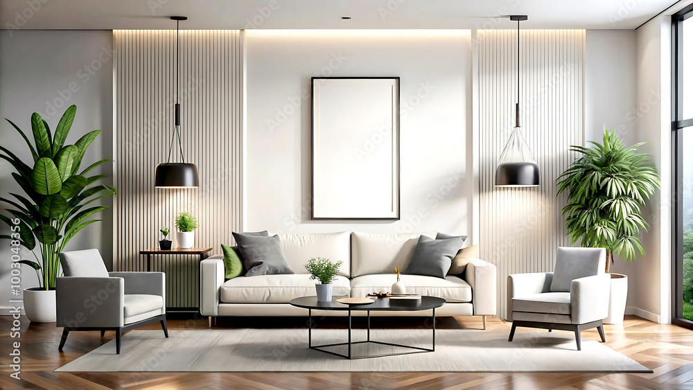 Fototapeta premium Home Vertical black frame mockup mockup, white luxury minimalist living room interior, 3d render