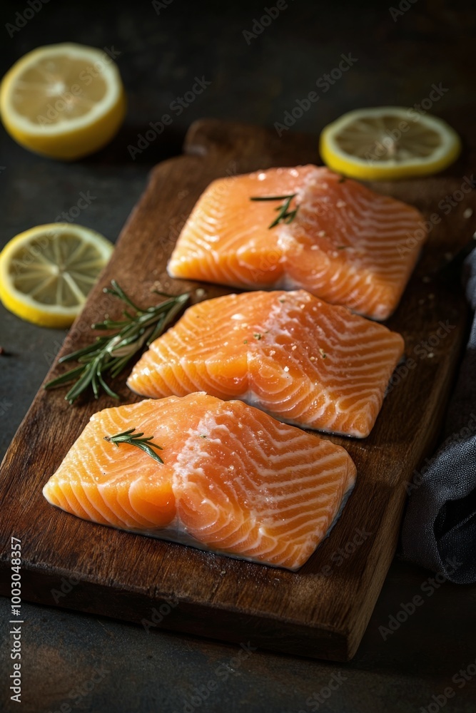 Fresh salmon fillets arranged on a wooden cutting board, garnished with herbs and spices Fresh salmon fillets arranged on a wooden cutting board, garnished with herbs and spices