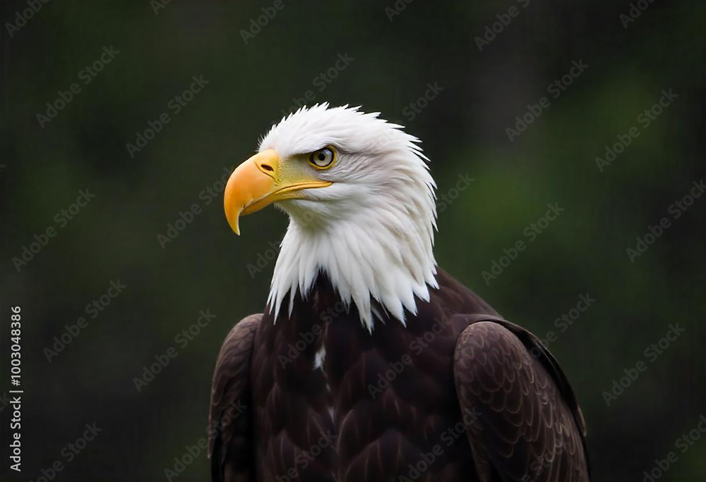 A bald eagle with a white head and tail, brown body, and a large yellow beak perched against a blurred natural background A bald eagle with a white head and tail, brown body, and a large yellow beak perched against a blurred natural background