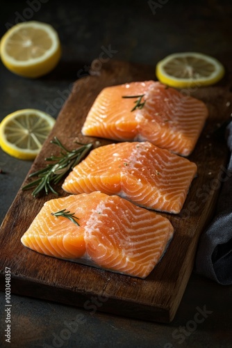 Fresh salmon fillets arranged on a wooden cutting board, garnished with herbs...