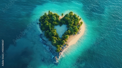 Tropical Island in the Shape of a Love Heart. Aerial View, Travel Concept. Generative AI.