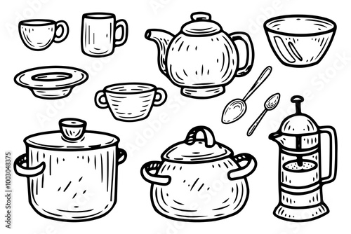 Cooking utensils set hand drawn doodle. Mug, plate, bowl, saucepan, spoon, teapot, coffee pot. Drink beverage. Eat food. Tableware. Kitchenware. Dining table. Vector sketch line art illustration.