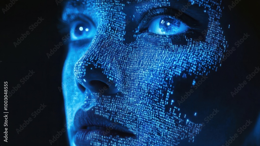 Naklejka premium Vibrant blue face illuminated by glowing digital code with VHS distortion on a dark canvas