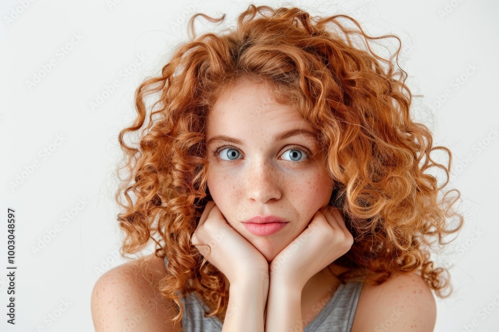 Confused woman with curly hair on white background Confused woman with curly hair on white background