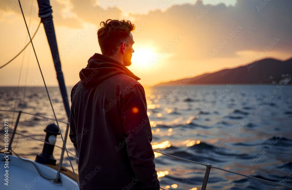 Fototapeta premium Young man on the cruise ship or the yacht on the sea or ocean water. Male person wearing in a hoodie, standing on front of yacht, sunrise trip journey