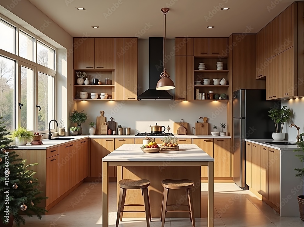 Tranquil morning in modern kitchen with soft sunlight casting long shadows on wooden surfaces Tranquil morning in modern kitchen with soft sunlight casting long shadows on wooden surfaces