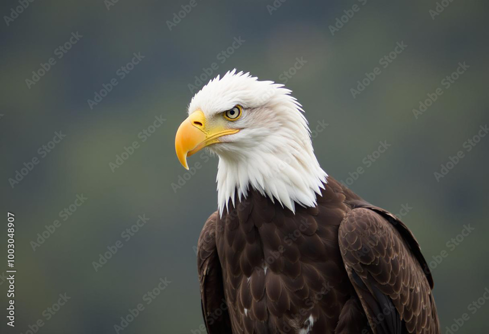 A bald eagle with a white head and tail, brown body, and a large yellow beak perched against a blurred natural background A bald eagle with a white head and tail, brown body, and a large yellow beak perched against a blurred natural background