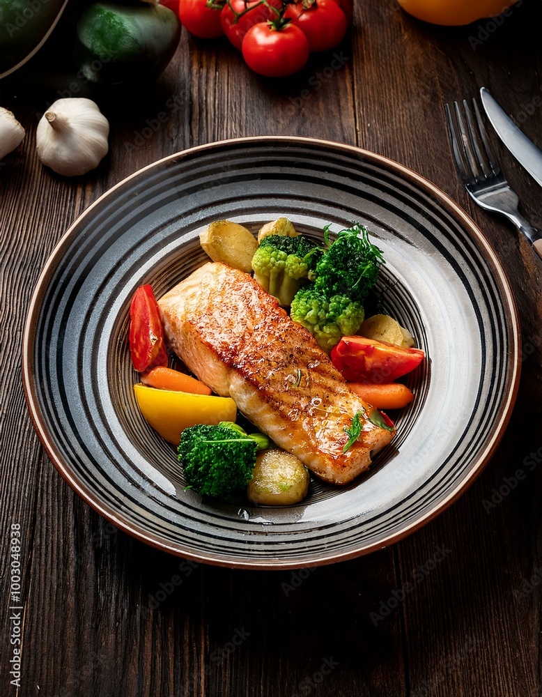 Grilled Salmon Fillet with Seasonal Vegetables on Rustic Wooden Table Grilled Salmon Fillet with Seasonal Vegetables on Rustic Wooden Table