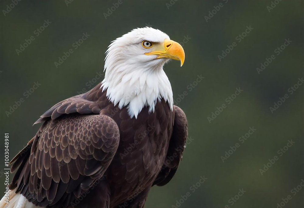 A bald eagle with a white head and tail, brown body, and a large yellow beak perched against a blurred natural background A bald eagle with a white head and tail, brown body, and a large yellow beak perched against a blurred natural background
