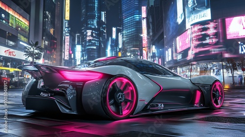 Futuristic sports car with pink neon lights parked in a cyberpunk city.