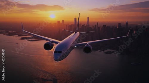 Aerial view of a commercial airplane flying over a city skyline during sunset