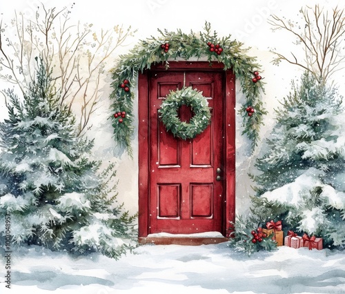 A charming red door adorned with a wreath surrounded by winter snow and everg...
