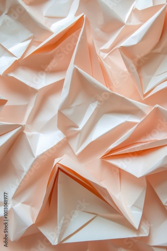 Colorful origami paper shapes creating a textured background in soft peach an...