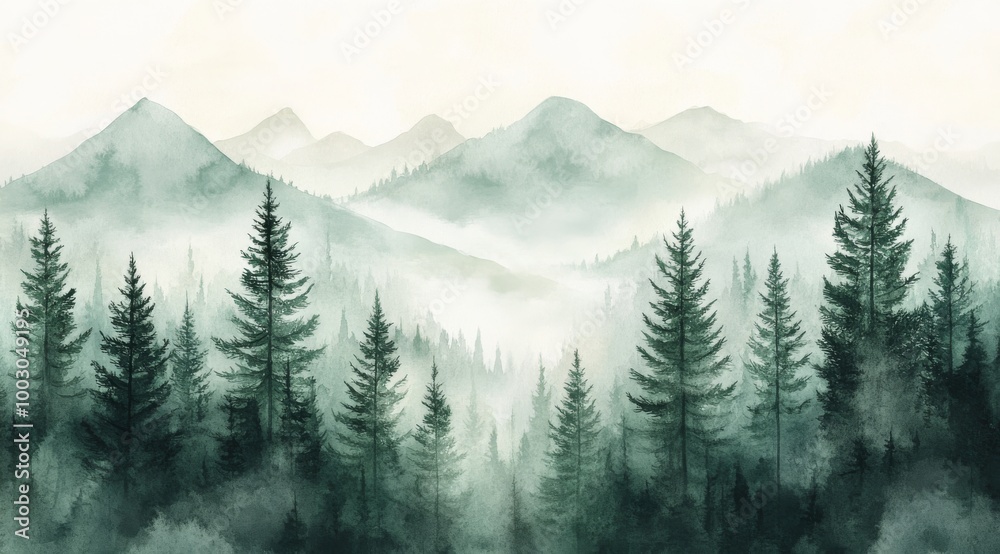 Fototapeta premium A misty forest landscape showcasing tall evergreen trees surrounded by fog at dawn