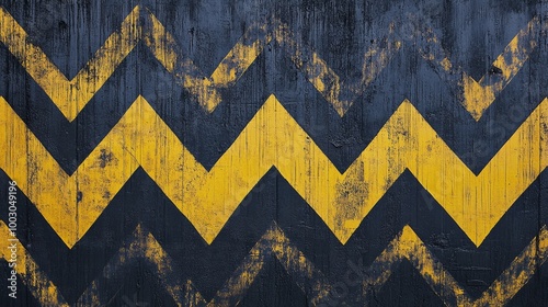 Bold yellow and black chevron pattern on a textured wall in an urban setting ...