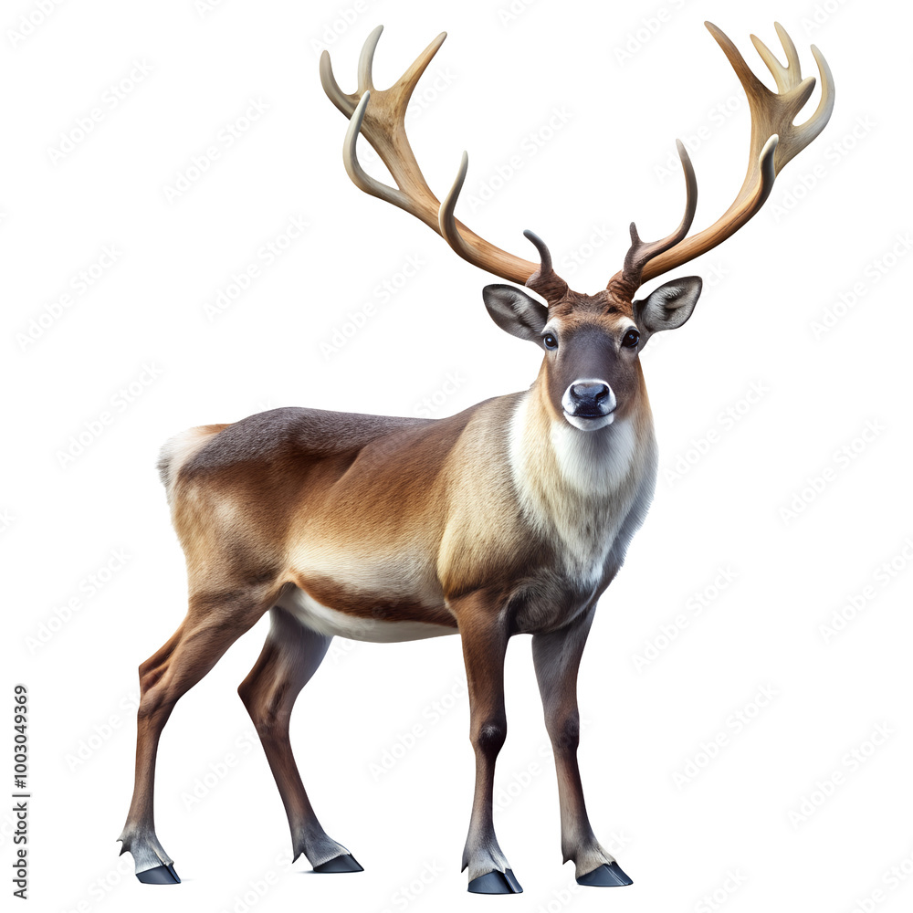 North Reindeer with Large Antlers Standing, isolated on white transparent background, png element. Ideal for christmas designs, winter themes, and holiday decorations