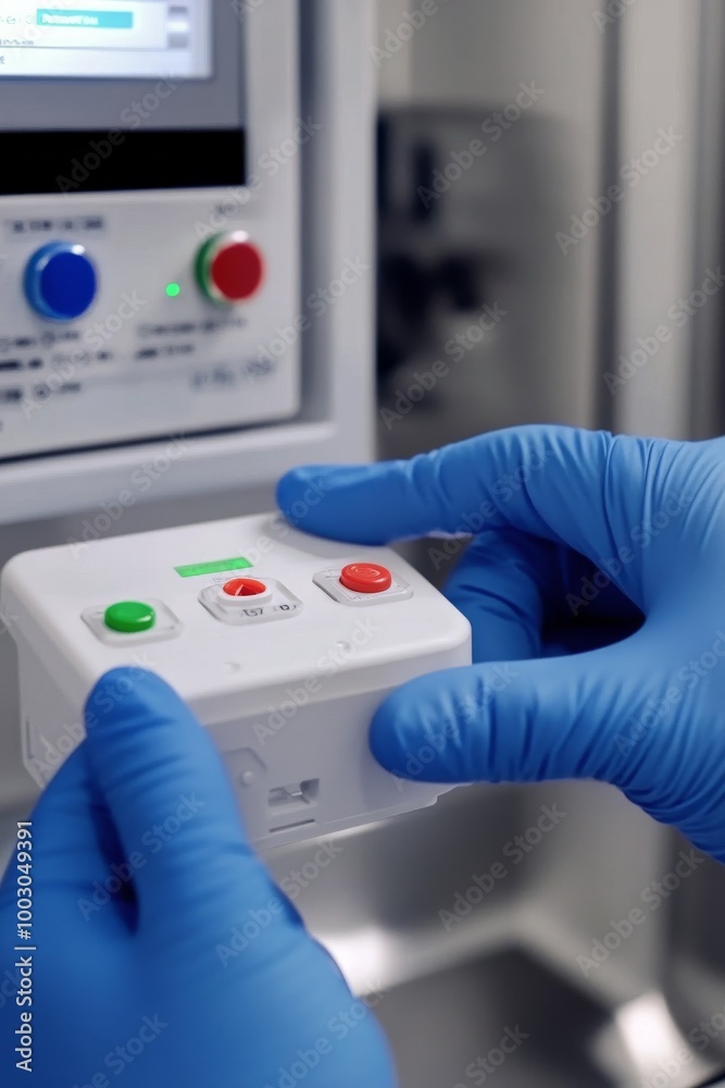 Close-up of a gloved hand holding a remote control device with colored buttons in a clinical setting Close-up of a gloved hand holding a remote control device with colored buttons in a clinical setting