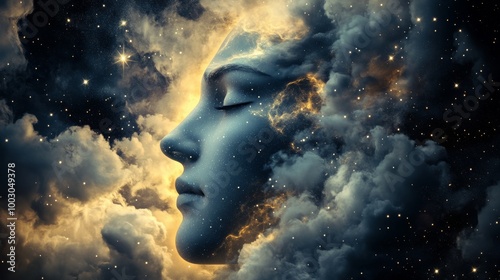 A serene celestial figure rests among vibrant cosmic clouds in deep space