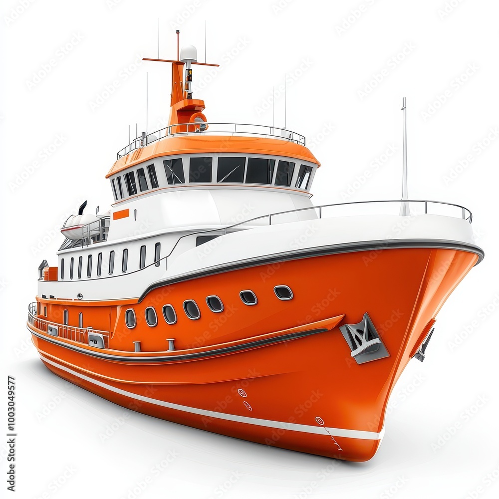 Fototapeta premium A vibrant orange boat showcasing modern design and functionality, ideal for maritime adventures and rescue operations, white background