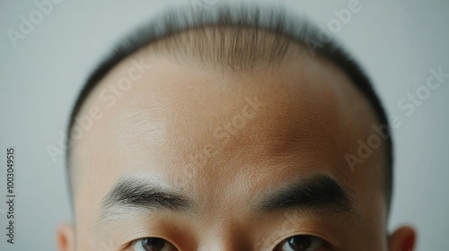 A close-up portrait of a contemplative man with a bald head against a softly ...
