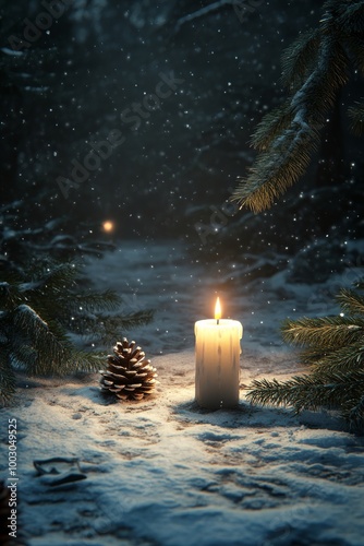 A warm candle flickers in the snowy forest under the gentle glow of twilight