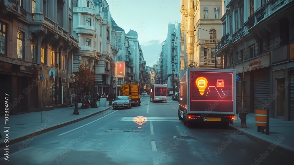 Obraz premium AR powered delivery tracking system in action at a busy urban environment, with virtual route markers and delivery status updates visible through AR glasses or a mobile device