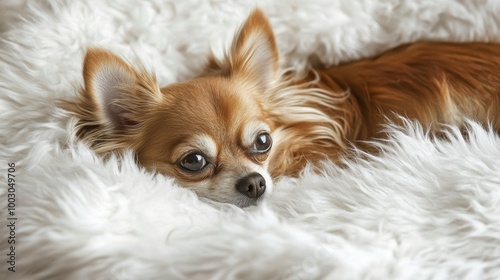 A relaxed Chihuahua lounging on soft white fur in a cozy indoor setting