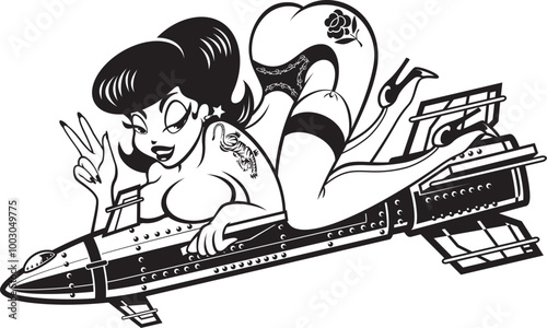1950 Pinup style woman riding on a missile