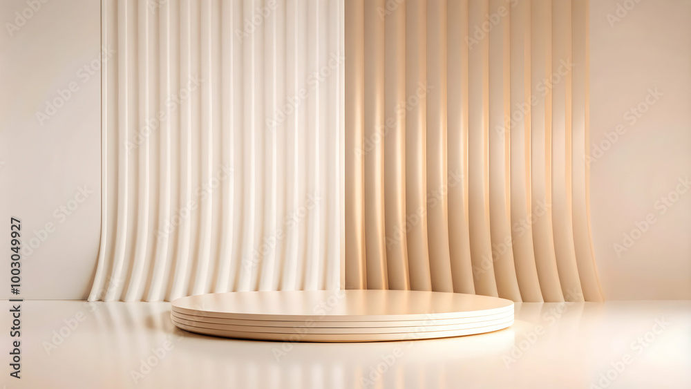 Minimalist Beige Product Display: A sleek, minimalist product display features a circular platform nestled against a backdrop of flowing, beige and white curtains. Minimalist Beige Product Display: A sleek, minimalist product display features a circular platform nestled against a backdrop of flowing, beige and white curtains.